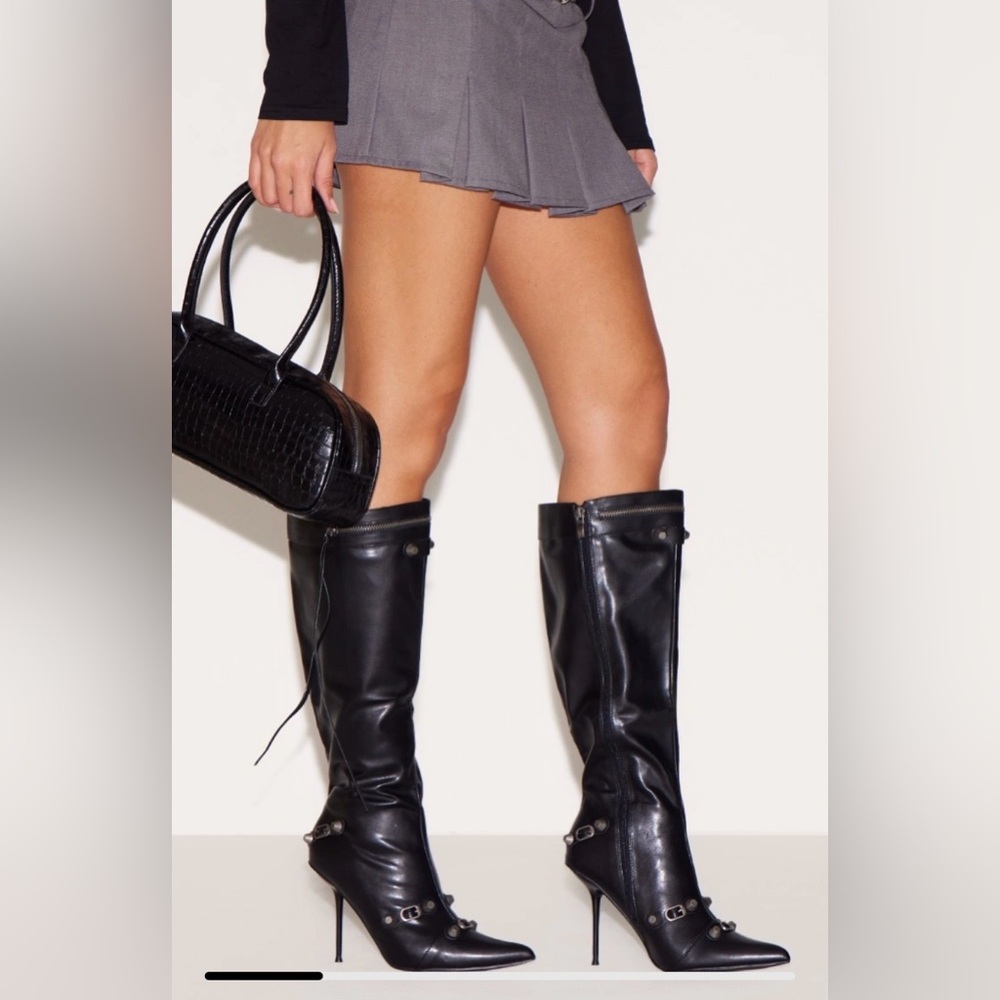 Pretty Little Thing Black Faux Leather Pointed Stiletto Boots , Like New size 7